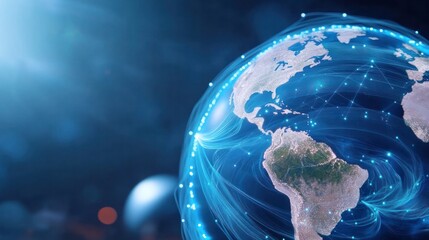 Poster - Global Connectivity: Illuminated strands of data weave across a digital rendering of Earth, symbolizing the interconnectedness of the world in the era of technology and innovation.