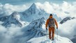 © Awut - Adventurous mountaineer in bright orange clothing with backpack and trekking poles conque snowy mountain ridge in cloudy sky du daytime