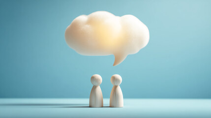 Poster - Two wooden figures stand below a light-emitting cloud shaped like a speech bubble, symbolizing communication, ideas, or shared thoughts on a blue background