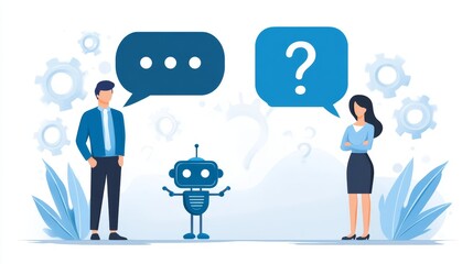 Poster - AI Chatbot: Communication and Answers - Human-robot interaction, problem-solving, communication, technology, future. Symbolizing assistance, questions, answers, collaboration, progress