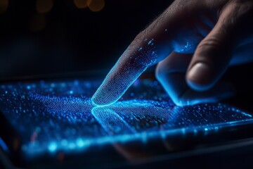 Poster - VERTICAL high-resolution realistic photo of a finger scan on a digital screen, dark background with a blue glow and a hologram-style handprint, for a biometric ID security system concept. Close-up