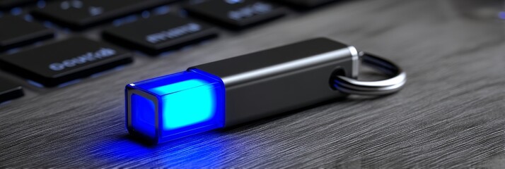 Poster - Illuminated Keychain USB Drive on Laptop - Sleek metallic USB drive with blue illuminated element, rests on a laptop keyboard. Perfect for tech, security, or data storage concepts