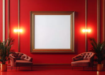 Poster - A red wall background serves as the setting for a luxurious 3D golden movie poster frame, which includes space for a mock-up