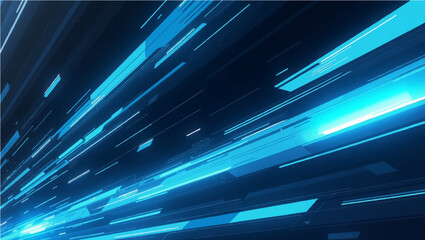 Wall Mural - Vector illustration depicting a perspective view looking down a pathway or corridor towards a central vanishing point. On both sides, there are horizontal streaks and bars of bright, glowing cyan-blue