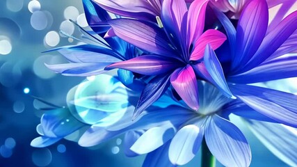 Poster - Experience the enchanting beauty of vibrant flowers blooming in shades of blue and pink under a soft shimmering light Generative AI