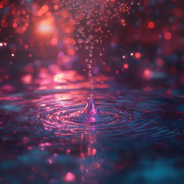 Glowing drop ascends, dreamy ripple on the background