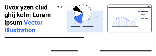 Poster - pie chart with overlapping segments, bar graph inside a browser window, minimal text elements. ideal