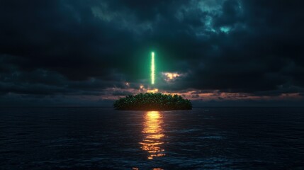 Wall Mural - Neon beam over island at stormy sea sunrise