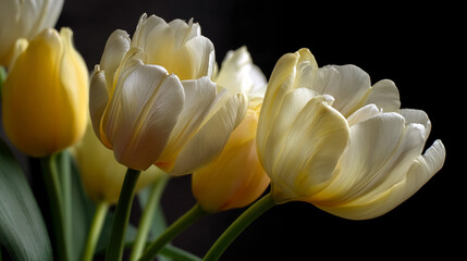 Poster - Close-up of pale yellow tulips, showcasing delicate petals and subtle texture, symbolizing spring, freshness, and elegance