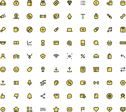 Set of yellow and black icons on a white background, ideal for web and mobile applications, presentations, and infographics design