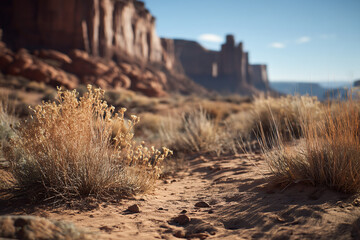 Poster - Close-up of desert plants, dry grass, and sandy ground with blurred sandstone rock formations in the background, showcasing a desert landscape scene