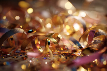 Aufkleber - Close-up of gold and rose-colored ribbons and glitter, creating a festive and celebratory mood, symbolizing joy, glamour, and celebration, ideal for party invitations or holiday designs