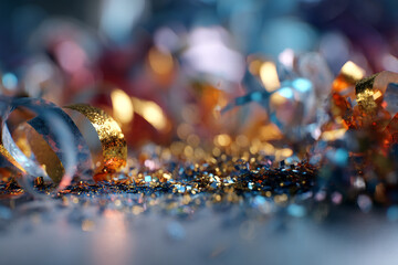 Poster - Golden and blue metallic confetti and ribbons, creating a festive and celebratory mood, showcasing a sparkling texture perfect for holiday or party backgrounds