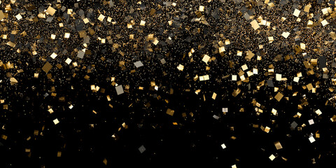 Poster - Golden and black confetti falling on black background, celebratory and festive mood, ideal for party invitation or celebratory design