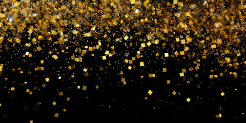 Poster - Golden and silver confetti falling on black background, suggesting celebration, festivity, and joy, ideal for celebratory designs or backgrounds