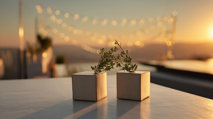 Aufkleber - Two small, cubic planters with sprigs of greenery sit on a table at sunset, showcasing a minimalist, serene scene perfect for blog, website, or advertisement