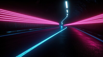 Canvas Print - Neon tunnel road,  dark tunnel,  futuristic,  pink and blue lights,  driving experience
