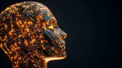 Poster - Digital Human Head Circuit Board Glowing Orange Lines Artificial Intelligence Technology Futuristic Concept Abstract 3D Render Modern Design          