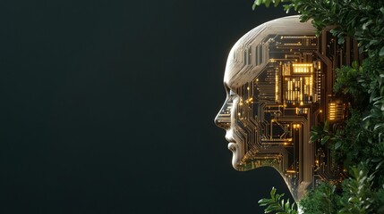 Poster - Artificial Intelligence Nature Futuristic Technology Digital Head Golden Circuitry Green Leaves Biometric AI System Advanced Robotic Brain Modern     