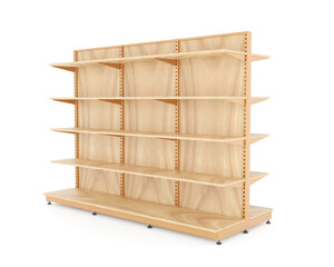 large wooden supermarket shelving unit with multiple adjustable levels, isolated on white background