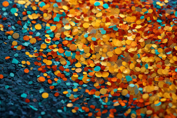 Poster - Close-up of colorful confetti texture, orange, yellow, and teal hues, creating a vibrant and festive appearance, showcasing celebration and joy