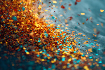 Poster - Golden and teal glitter scattered on dark surface, some pieces in motion, creating a festive and vibrant texture, suggesting celebration or glamour