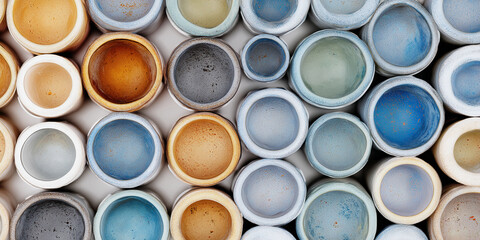 Poster - Overhead view of numerous small, cylindrical ceramic pots in varying pastel shades of blue, beige, and brown, showcasing a textured surface, ideal for background or mockup purposes