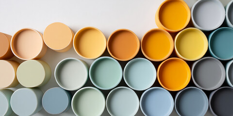 Poster - Arrangement of pastel-colored cylindrical containers, showcasing a smooth gradient from warm to cool tones, symbolizing color palettes, design, or trends