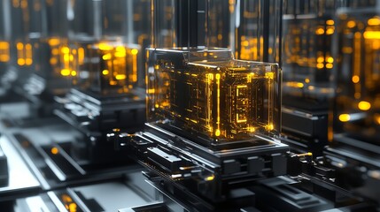 Poster - abstract futuristic technology background golden cubes digital art modern design network server cybe