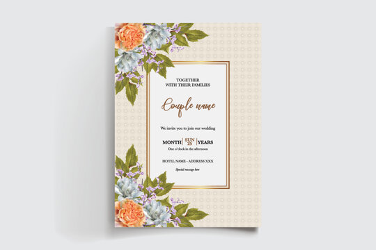 WEDDING INVITATION FRAME WITH FLOWER DECORATIONS AND FRESH LEAVES