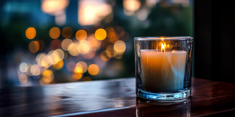 Poster - Lit candle in glass holder on wooden surface, bokeh background, conveying warmth, peace, and tranquility