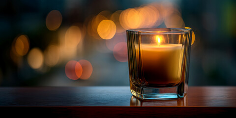Poster - Lit candle in glass holder on wooden surface, bokeh background, conveying warmth, peace, and tranquility