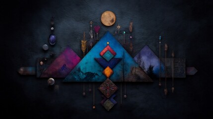 Poster - Geometric mountain landscape with celestial accents and mysterious atmosphere