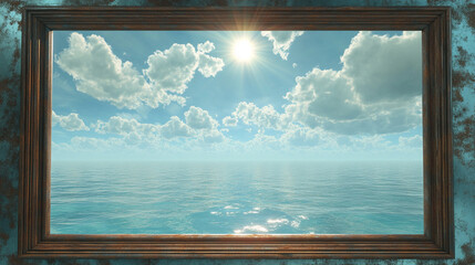 Poster - Rustic frame encloses sunny ocean scene, blue water and fluffy clouds, suggesting tranquility and escape