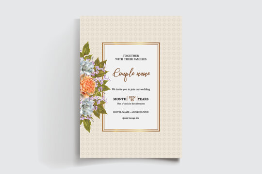 WEDDING INVITATION FRAME WITH FLOWER DECORATIONS AND FRESH LEAVES