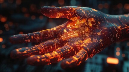 Leinwandbilder - A highly detailed AI hand with an exposed network of microprocessors and digital veins.