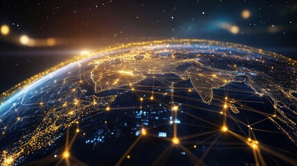 Poster - high-resolution digital globe with golden and blue connections linking trade routes and business hubs