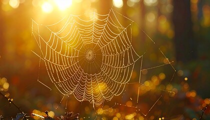 Dew-covered spiderweb glistening in golden morning light, showing delicate patterns of woven silk against a blurred forest background. 