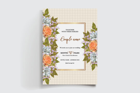 WEDDING INVITATION FRAME WITH FLOWER DECORATIONS AND FRESH LEAVES