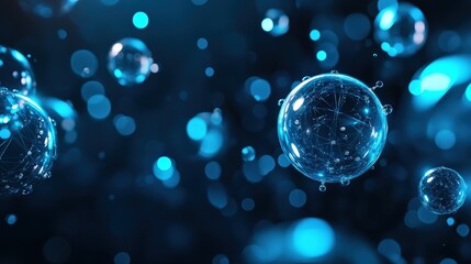 Poster - bubbles background with digital blue spheres glowing against a futuristic dark space.