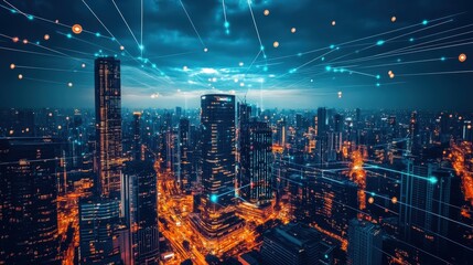 Poster - cityscape with AI-driven communication signals flowing through smart buildings, symbolizing the future of intelligent connectivity