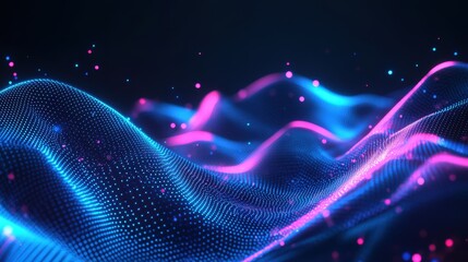 Poster - digital marketing banner with futuristic elements, neon blue lighting, and abstract wave patterns.