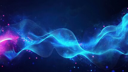 Poster - digital marketing banner with futuristic elements, neon blue lighting, and abstract wave patterns.