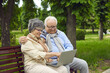 © Studio Romantic - An elderly couple, a man and a woman of European appearance, are relaxing in the park, communicating with the family using video communication on a laptop. Healthy communication with family.