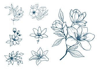 Wall Mural - floral collection with flowers and leaves for your design. hand-drawn set, boho groovy style. set of