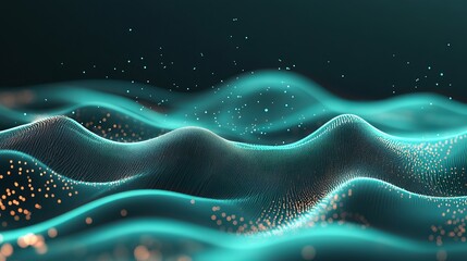 Poster - Abstract Teal Wave Background Digital Art Modern Design Elegant Particle Flow Futuristic Technology Shiny Texture Smooth Surface Graphic Resource     