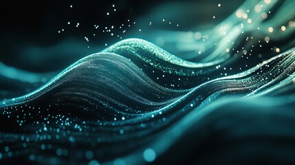 Poster - Abstract Teal Particle Waves Digital Art Background Modern Design Elegant Texture Flowing Dynamic Futuristic Technology Shiny Sparkling Glowing Green 