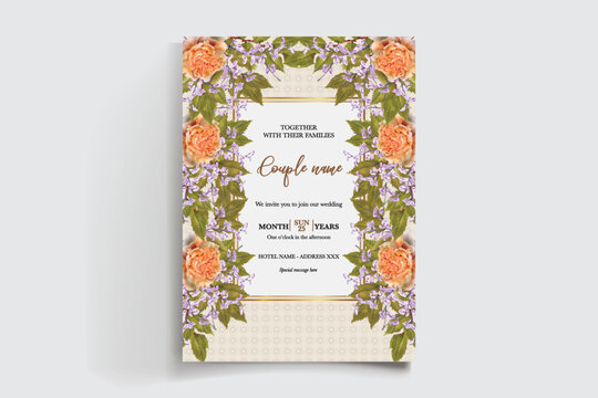WEDDING INVITATION FRAME WITH FLOWER DECORATIONS AND FRESH LEAVES