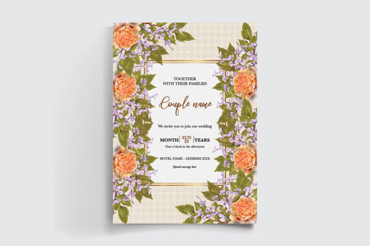 WEDDING INVITATION FRAME WITH FLOWER DECORATIONS AND FRESH LEAVES