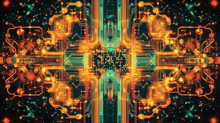 Poster - Abstract Digital Circuit Board Glowing Orange Teal Technology Background Futuristic Pattern Symmetrical Design Modern Art High Resolution Image       